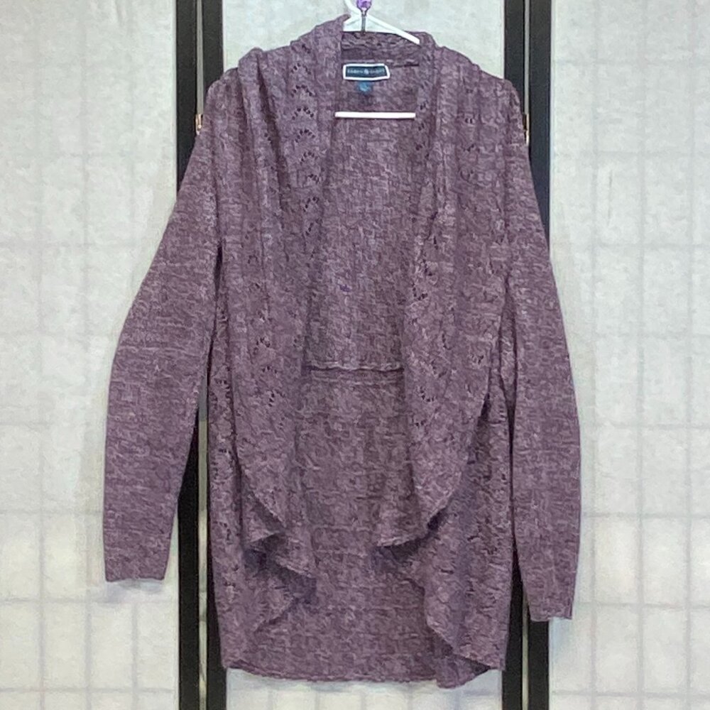 Karen Scott Purple Open Knit Asymmetrical Shawl Collar Cardigan L Cozy Layering